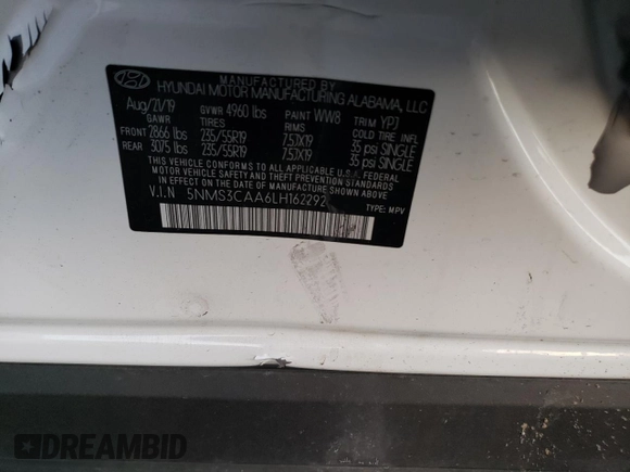 2020 Hyundai Santa Fe SEL with VIN 5NMS3CAA6LH162292, listed as a Copart auction lot 72215802 with 39,803 mi miles and . Bid and sale history available at DreamBid. Image 13.