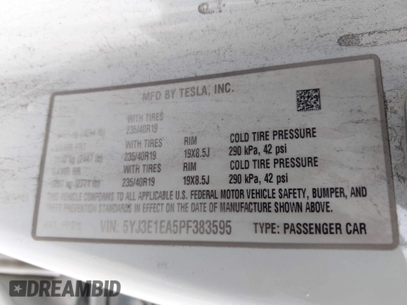 2023 Tesla Model 3 z VIN 5YJ3E1EA5PF383595, wystawiony jako IAAI lot #41965562 z przebiegiem 35 878 mil mil oraz . Historia ofert i sprzedaży dostępna na DreamBid. Obrazek 9.