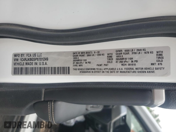 2023 Jeep Grand Cherokee Limited with VIN 1C4RJKBG5P8701249, listed as a Copart auction lot 53721775 with 42,389 mi miles and Salvage title. Bid and sale history available at DreamBid. Image 13.