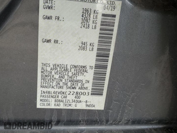 2019 Nissan Altima 2.5 SL with VIN 1N4BL4EV0KC228003, listed as a Copart auction lot 50754555 with 81,154 mi miles and Salvage Title. Bid and sale history available at carsss.com. Image 12.