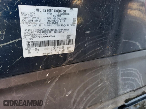2016 Ford Explorer z VIN 1FM5K7B82GGB26546, wystawiony jako Copart lot #37291743 z przebiegiem Nie podano mil oraz Szkoda całkowita • Salvage title. Historia ofert i sprzedaży dostępna na DreamBid. Obrazek 13.