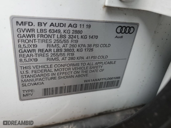 2020 Audi Q7 Premium with VIN WA1AXAF77LD001065, listed as a Copart auction lot 42515984 with 26,796 mi miles. Bid and sale history available at carsss.com. Image 13.