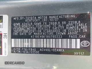 2008 Toyota Camry LE with VIN 4T1BE46K18U760223, listed as a IAAI auction lot 42143764 with 102,938 mi miles. Bid and sale history available at carsss.com. Image 9.
