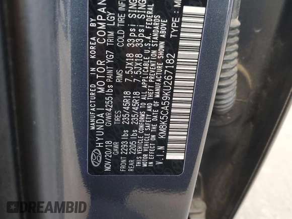 2019 Hyundai Kona Ultimate with VIN KM8K5CA59KU267182, listed as a Copart auction lot 41383395 with 50,531 mi miles and Salvage Title. Bid and sale history available at carsss.com. Image 15.