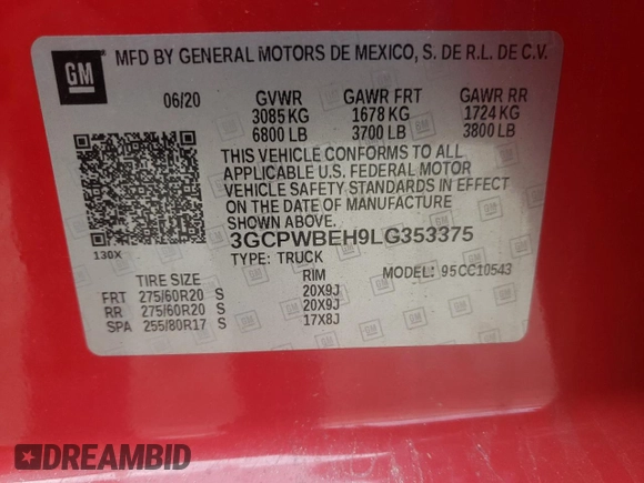 2020 Chevrolet Silverado 1500 Custom with VIN 3GCPWBEH9LG353375, listed as a Copart auction lot 43053215 with 47,410 mi miles and Salvage Title. Bid and sale history available at carsss.com. Image 12.
