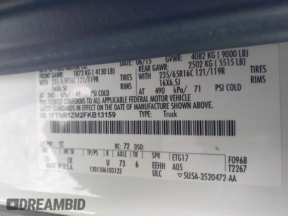 2015 Ford Transit Cargo with VIN 1FTNR1ZM2FKB13159, listed as a IAAI auction lot 41331967 with 152,715 mi miles and . Bid and sale history available at DreamBid. Image 9.