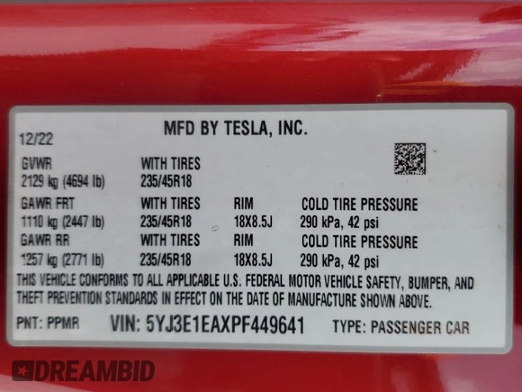 2023 Tesla Model 3 с VIN 5YJ3E1EAXPF449641, выставлен на аукционе Copart как лот 64617285 с пробегом 160 659 миль миль и Чистый • Clean title. История ставок и продаж доступна на DreamBid. Изображение 12.