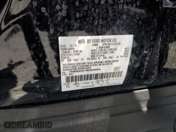 2021 Ford Explorer Platinum with VIN 1FM5K8HC7MGB00084, listed as a Copart auction lot 60542415 with 36,688 mi miles and Salvage title. Bid and sale history available at DreamBid. Image 14.