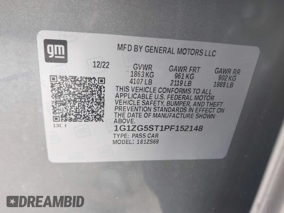 2023 Chevrolet Malibu RS with VIN 1G1ZG5ST1PF152148, listed as a IAAI auction lot 41726875 with 78,064 mi miles and . Bid and sale history available at DreamBid. Image 9.