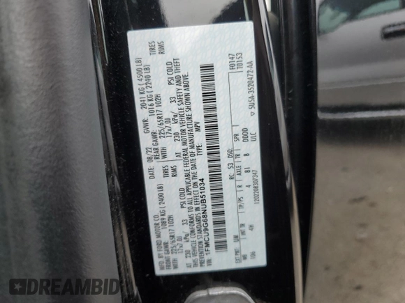 2022 Ford Escape SE z VIN 1FMCU9G68NUB51034, wystawiony jako Copart lot #54594885 z przebiegiem 62 488 mil mil oraz Szkoda całkowita • Salvage title. Historia ofert i sprzedaży dostępna na DreamBid. Obrazek 13.