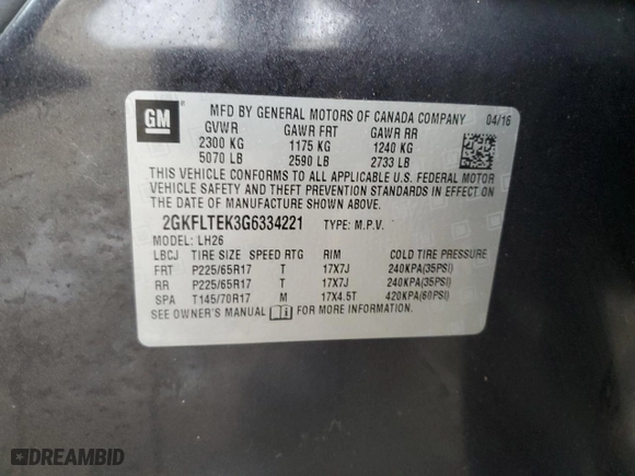 2016 GMC Terrain SLE with VIN 2GKFLTEK3G6334221, listed as a Copart auction lot 44189585 with 190,816 mi miles and Salvage Title. Bid and sale history available at carsss.com. Image 13.