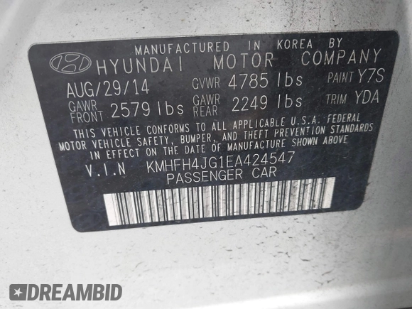2014 Hyundai Azera Limited with VIN KMHFH4JG1EA424547, listed as a IAAI auction lot 42352357 with 47,242 mi miles and . Bid and sale history available at DreamBid. Image 9.