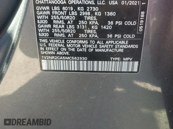2021 Volkswagen Atlas SE with VIN 1V2NR2CA5MC562930, listed as a Copart auction lot 50253605 with 67,093 mi miles and Salvage title. Bid and sale history available at DreamBid. Image 16.