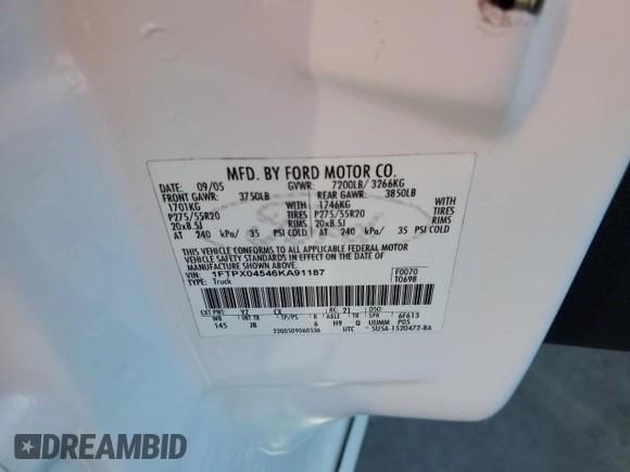 2006 Ford F-150 XLT с VIN 1FTPX04546KA91187, выставлен на аукционе Copart как лот 46937485 с пробегом 125 096 миль миль и Чистый • Clean title. История ставок и продаж доступна на DreamBid. Изображение 12.