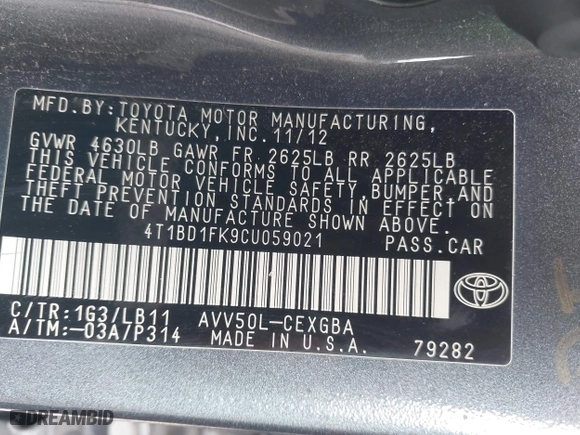 2012 Toyota Camry Hybrid XLE with VIN 4T1BD1FK9CU059021, listed as a IAAI auction lot 41932696 with 194,292 mi miles. Bid and sale history available at carsss.com. Image 9.