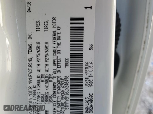 2018 Toyota Tundra 2WD SR5 with VIN 5TFFY5F16JX240498, listed as a Copart auction lot 80996804 with 123,831 mi miles and Salvage Title. Bid and sale history available at carsss.com. Image 12.
