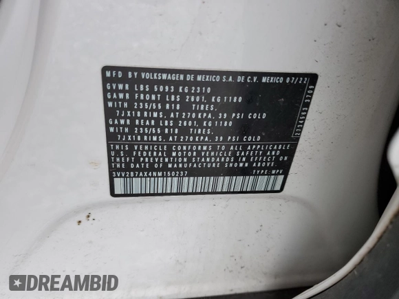 2022 Volkswagen Tiguan SE с VIN 3VV2B7AX4NM150237, выставлен на аукционе Copart как лот 52554015 с пробегом 39 654 миль миль и Списание • Salvage title. История ставок и продаж доступна на DreamBid. Изображение 13.