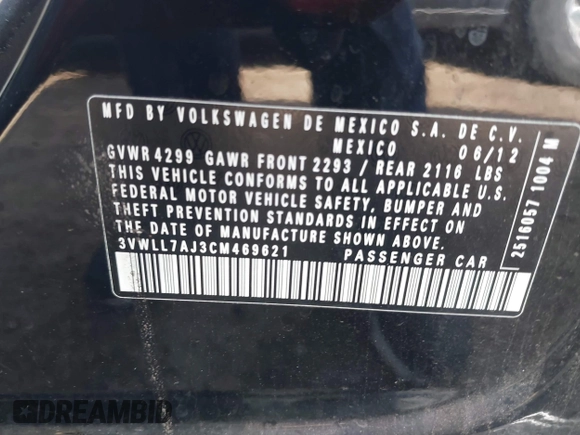 2012 Volkswagen Jetta TDI w/Premium with VIN 3VWLL7AJ3CM469621, listed as a IAAI auction lot 41831230 with 198,871 mi miles and . Bid and sale history available at DreamBid. Image 9.