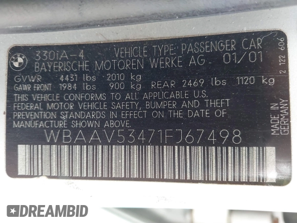 2001 BMW 3 Series 330i with VIN WBAAV53471F167498, listed as a IAAI auction lot 41586979 with 171,825 mi miles. Bid and sale history available at carsss.com. Image 9.