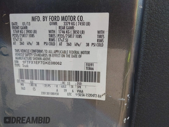 2013 Ford F-150 XL with VIN 1FTFX1EF7DKE08062, listed as a IAAI auction lot 42699494 with 109,635 mi miles and . Bid and sale history available at DreamBid. Image 9.