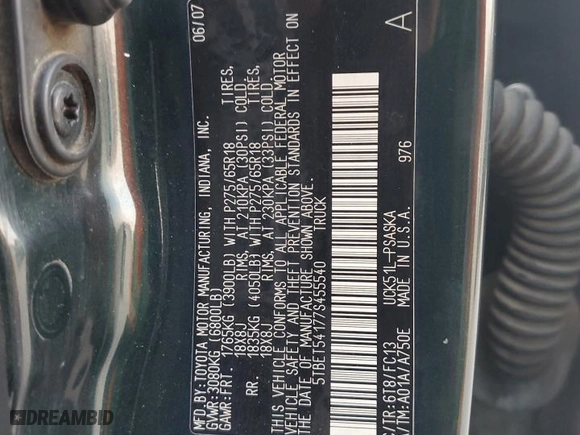 2007 Toyota Tundra SR5 with VIN 5TBET54177S455540, listed as a Copart auction lot 71871704 with 247,986 mi miles and Salvage Title. Bid and sale history available at carsss.com. Image 12.