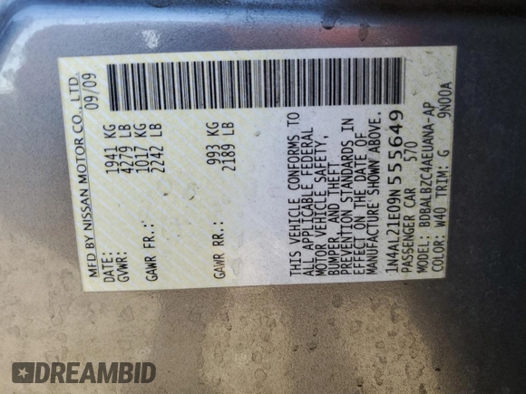 2009 Nissan Altima 2.5 S with VIN 1N4AL21E09N555649, listed as a Copart auction lot 88819265 with 0 mi miles and Non Repairable. Bid and sale history available at carsss.com. Image 14.
