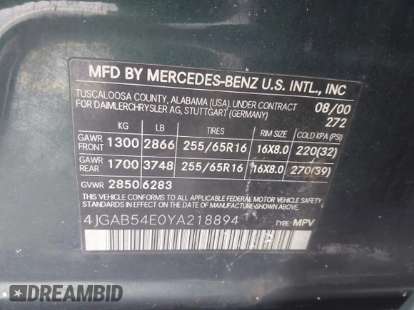 2000 Mercedes-Benz M 320/430/500 with VIN 4JGAB54E0YA218894, listed as a IAAI auction lot 41985116 with 120,889 mi miles and . Bid and sale history available at DreamBid. Image 9.