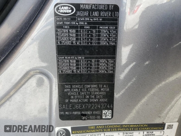 2023 Land Rover Defender S with VIN SALEJ6EX7P2243744, listed as a Copart auction lot 88471945 with 18,822 mi miles and Salvage title. Bid and sale history available at DreamBid. Image 13.