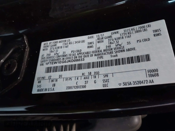2018 Ford F-150 XL with VIN 1FTEW1EG0JKD08033, listed as a IAAI auction lot 41434712 with 110,386 mi miles. Bid and sale history available at carsss.com. Image 9.
