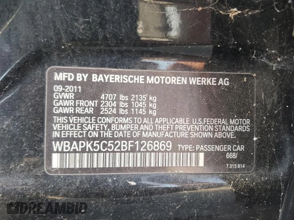 2011 BMW 3 Series 328i xDrive with VIN WBAPK5C52BF126869, listed as a Copart auction lot 66273525 with 149,682 mi miles and Clean title. Bid and sale history available at DreamBid. Image 12.