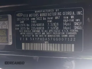 2016 Kia Sorento EX with VIN 5XYPHDA57GG007122, listed as a IAAI auction lot 41866081 with 79,534 mi miles. Bid and sale history available at carsss.com. Image 9.