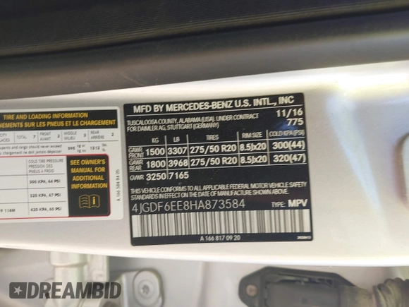 2017 Mercedes-Benz GLS 450 with VIN 4JGDF6EE8HA873584, listed as a IAAI auction lot 42106238 with 82,759 mi miles and . Bid and sale history available at DreamBid. Image 9.