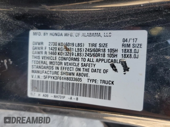 2017 Honda Ridgeline RTL-T with VIN 5FPYK3F61HB033605, listed as a Copart auction lot 58553135 with 178,580 mi miles and Clean title. Bid and sale history available at DreamBid. Image 12.