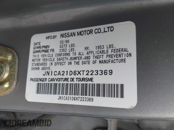 1999 Nissan Maxima GXE with VIN JN1CA21D6XT223369, listed as a IAAI auction lot 42141361 with 210,781 mi miles and . Bid and sale history available at DreamBid. Image 9.