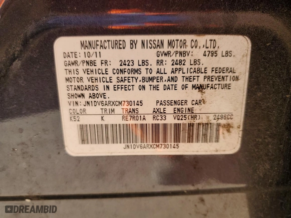 2012 Infiniti G25 Sedan x with VIN JN1DV6ARXCM730145, listed as a Copart auction lot 82814844 with 197,022 mi miles and Salvage Title. Bid and sale history available at carsss.com. Image 13.