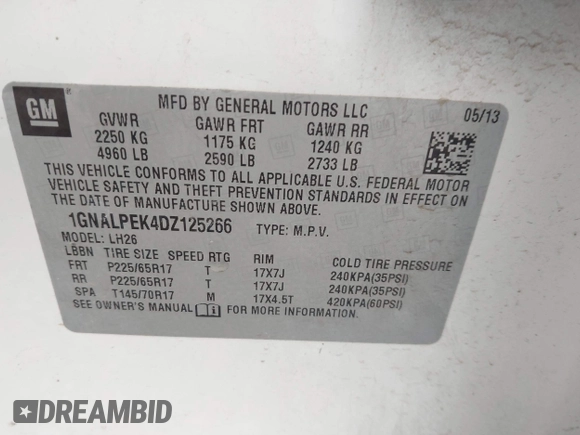 2013 Chevrolet Equinox LT z VIN 1GNALPEK4DZ125266, wystawiony jako IAAI lot #42212175 z przebiegiem 255 544 mil mil oraz . Historia ofert i sprzedaży dostępna na DreamBid. Obrazek 9.