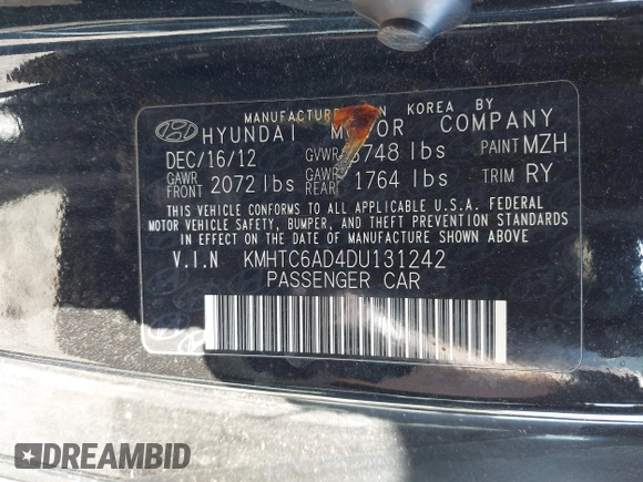 2013 Hyundai Veloster w/Gray Int with VIN KMHTC6AD4DU131242, listed as a IAAI auction lot 42074517 with 76,713 mi miles and . Bid and sale history available at DreamBid. Image 9.