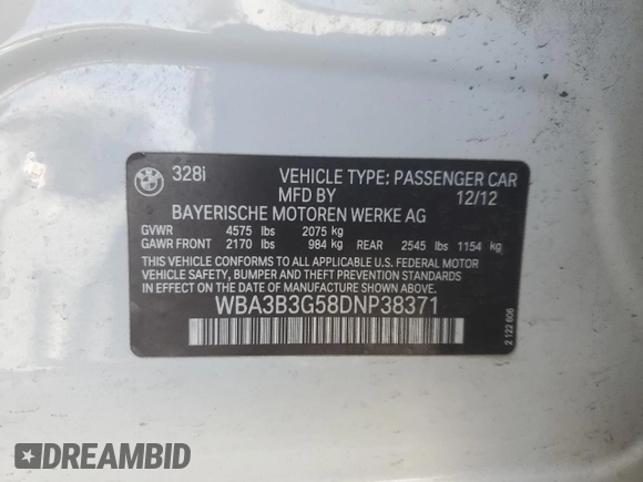 2013 BMW 3 Series 328i xDrive with VIN WBA3B3G58DNP38371, listed as a Copart auction lot 87874785 with 72,398 mi miles and Salvage Title. Bid and sale history available at carsss.com. Image 12.