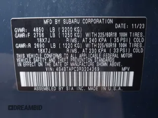 2024 Subaru Outback Touring с VIN 4S4BTAPC3R3204269, выставлен на аукционе IAAI как лот 41923253 с пробегом 12 059 миль миль и . История ставок и продаж доступна на DreamBid. Изображение 9.