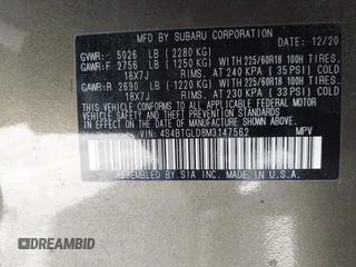 2021 Subaru Outback Onyx XT with VIN 4S4BTGLD8M3147562, listed as a IAAI auction lot 42523819 with 83,534 mi miles and . Bid and sale history available at DreamBid. Image 9.
