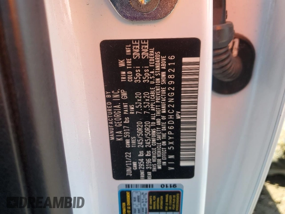 2022 Kia Telluride S with VIN 5XYP6DHC2NG298216, listed as a Copart auction lot 52193685 with 29,712 mi miles and Salvage title. Bid and sale history available at DreamBid. Image 14.