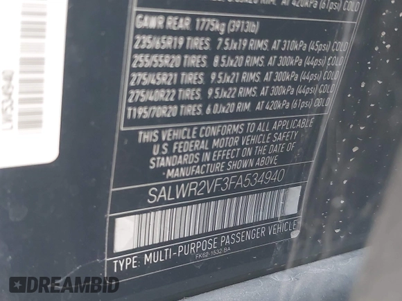 2015 Land Rover Range Rover Sport HSE with VIN SALWR2VF3FA534940, listed as a IAAI auction lot 42244094 with 38,438 mi miles and . Bid and sale history available at DreamBid. Image 9.