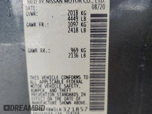 2020 Nissan Altima S with VIN 1N4BL4BW1LN321857, listed as a Copart auction lot 42007245 with 86,150 mi miles and Salvage Title. Bid and sale history available at DreamBid. Image 14.