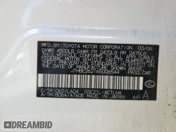 2006 Lexus IS 350 z VIN JTHBE262165006544, wystawiony jako Copart lot #52988065 z przebiegiem 197 830 mil mil oraz Szkoda całkowita • Salvage title. Historia ofert i sprzedaży dostępna na DreamBid. Obrazek 13.