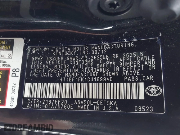 2012 Toyota Camry L with VIN 4T1BF1FK4CU169940, listed as a IAAI auction lot 41493413 with 165,865 mi miles and . Bid and sale history available at DreamBid. Image 9.