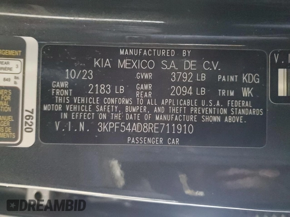 2024 Kia Forte GT-Line with VIN 3KPF54AD8RE711910, listed as a Copart auction lot 45912615 with 2,906 mi miles and Salvage Title. Bid and sale history available at carsss.com. Image 12.