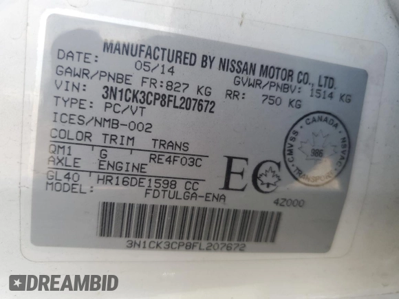 2015 Nissan Micra S z VIN 3N1CK3CP8FL207672, wystawiony jako Copart lot #67318824 z przebiegiem 84 101 mil mil oraz Szkoda całkowita • Salvage title. Historia ofert i sprzedaży dostępna na DreamBid. Obrazek 12.