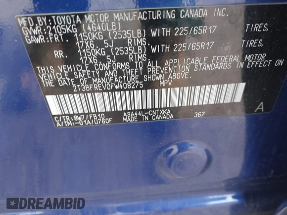 2015 Toyota RAV4 LE with VIN 2T3BFREV0FW408275, listed as a IAAI auction lot 42031636 with 118,200 mi miles and . Bid and sale history available at carsss.com. Image 9.