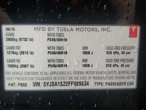 2015 Tesla Model S 85D with VIN 5YJSA1S22FF089834, listed as a Copart auction lot 43643555 with 74,232 mi miles and Salvage Title. Bid and sale history available at carsss.com. Image 13.