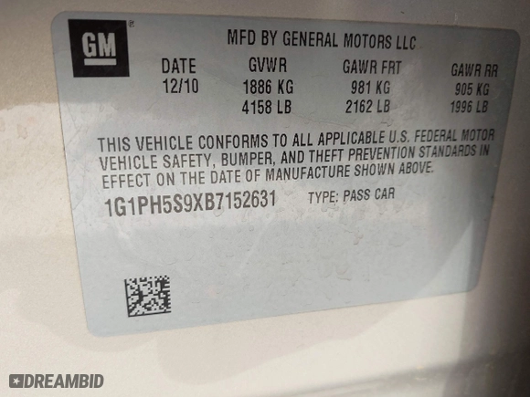 2011 Chevrolet Cruze LTZ with VIN 1G1PH5S9XB7152631, listed as a IAAI auction lot 42075115 with 87,735 mi miles. Bid and sale history available at carsss.com. Image 9.